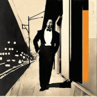 Monochrome city street scene with man in tuxedo leaning against building