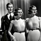 Vintage Clothing: Three Women in Elegant Dresses and Hairstyles Stand Together