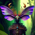 Vibrant purple-winged creature in lush green forest