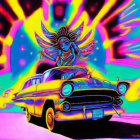 Vibrant Hindu goddess mural with classic car on psychedelic background