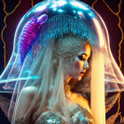 Futuristic woman with ornate headdress and glowing purple coral structure