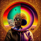 Vibrant surreal portrait with cosmic and mechanical elements