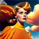 Exaggerated golden hair and red lipstick on stylized woman against cloudy sky