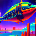 Vibrant futuristic cityscape with surreal fish-shaped airship amid skyscrapers