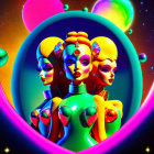 Three futuristic female figures with exaggerated hairstyles and metallic clothing in a neon-lit setting.