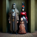 Stylized gothic family portrait with elaborate costumes and somber expressions