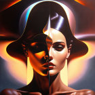 Split surreal portrait: realistic woman's face meets shadowed profile on fiery backdrop