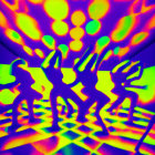 Thermal image of four people with outstretched arms on vibrant heat signature background