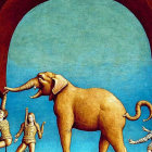 Whimsical painting of central elephant and small figures in armor on blue background