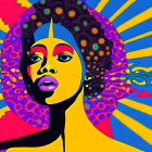 Vibrant digital art: stylized woman with afro and spheres on psychedelic background