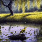 Tranquil nature scene with yellow birds, pond, and willow branches