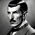 Monochrome portrait of a man with slicked-back hair, mustache, and bow tie