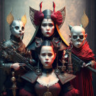 Fantasy-themed image with central figure in dark attire and horns, flanked by two others with futuristic