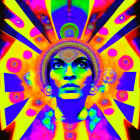 Colorful psychedelic portrait with person in decorative headgear against vibrant kaleidoscopic backdrop.