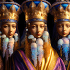 Regal figures with golden crowns and veils on dark background