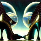 Ornate winged high-heeled shoes with fantasy landscape reflections