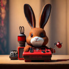 Plush bunny with large ears and retro gaming console with joystick, lantern, and teacup