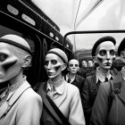 Monochrome art: People with mannequin-like makeup on bus