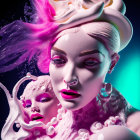 Vibrant pink and purple surreal portrait of a woman with multiple faces and liquid-like elements