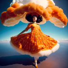 Vibrant orange dress with cloud-like skirt floating above surreal mirrored surface