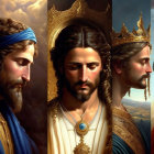 Three detailed portraits of a bearded man in royal attire with crowns and serene expression against cloud and