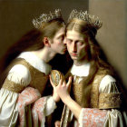 Historical dresses: Two girls in crowns, one kissing cheek with pink rose