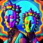 Colorful Psychedelic Art: Two Figures in Ornate Headpieces and Sunglasses