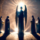 Mystical winged figure surrounded by robed individuals in cosmic setting