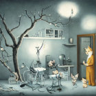 Surreal room with anthropomorphic cats and dental tools