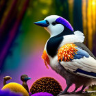 Colorful Bird with White, Blue, Purple, and Orange Plumage in Fantasy Forest Setting