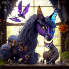 Large purple feline creature with crystal formations, small cat with yarn, potions, and nature in cozy