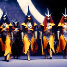 Stylized warriors in ornate armor with capes and horned helmets posed dramatically