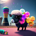 Colorful Sheep with Glossy Balloons in Surreal Landscape