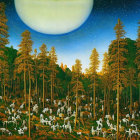 Surreal night forest with tall trees, moon, planet, and white figures