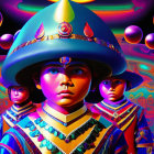 Colorful digital artwork: three figures in unique uniforms and hats on a psychedelic background.