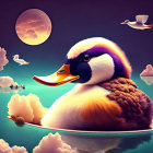 Vibrant oversized duck floating on water with smaller duck, full moon, and birds in flight