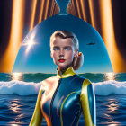 Futuristic woman in yellow-trimmed wetsuit with surreal waves, whale tail, and