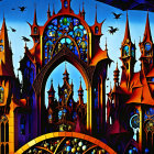 Detailed Illustration of Fantastical Gothic Castle with Spires, Arched Windows, and Flying B