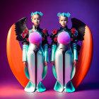 Blue-skinned futuristic characters in silver bodysuits with black wings and red flowers, holding large orange