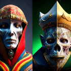 Colorful Egyptian-style humanoid figures with ornate headdresses and skull faces on gradient backdrop