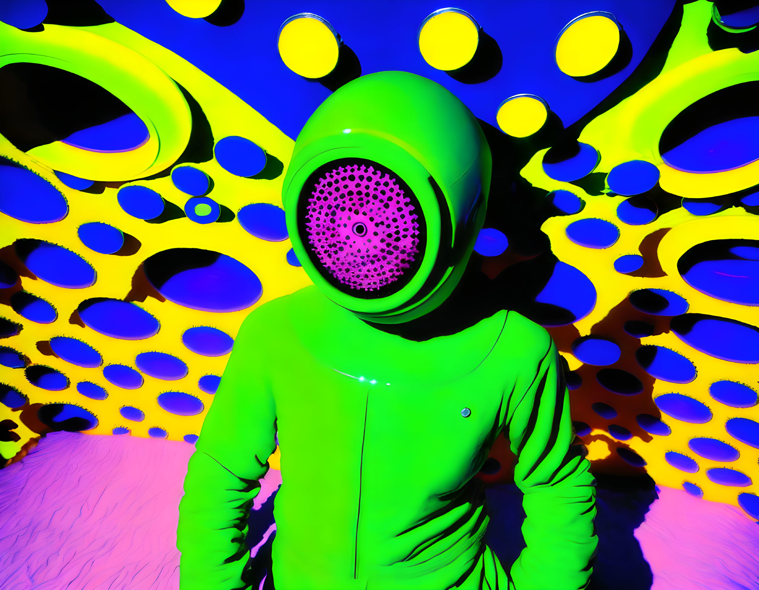 Neon green bodysuit person with pink mask on colorful backdrop