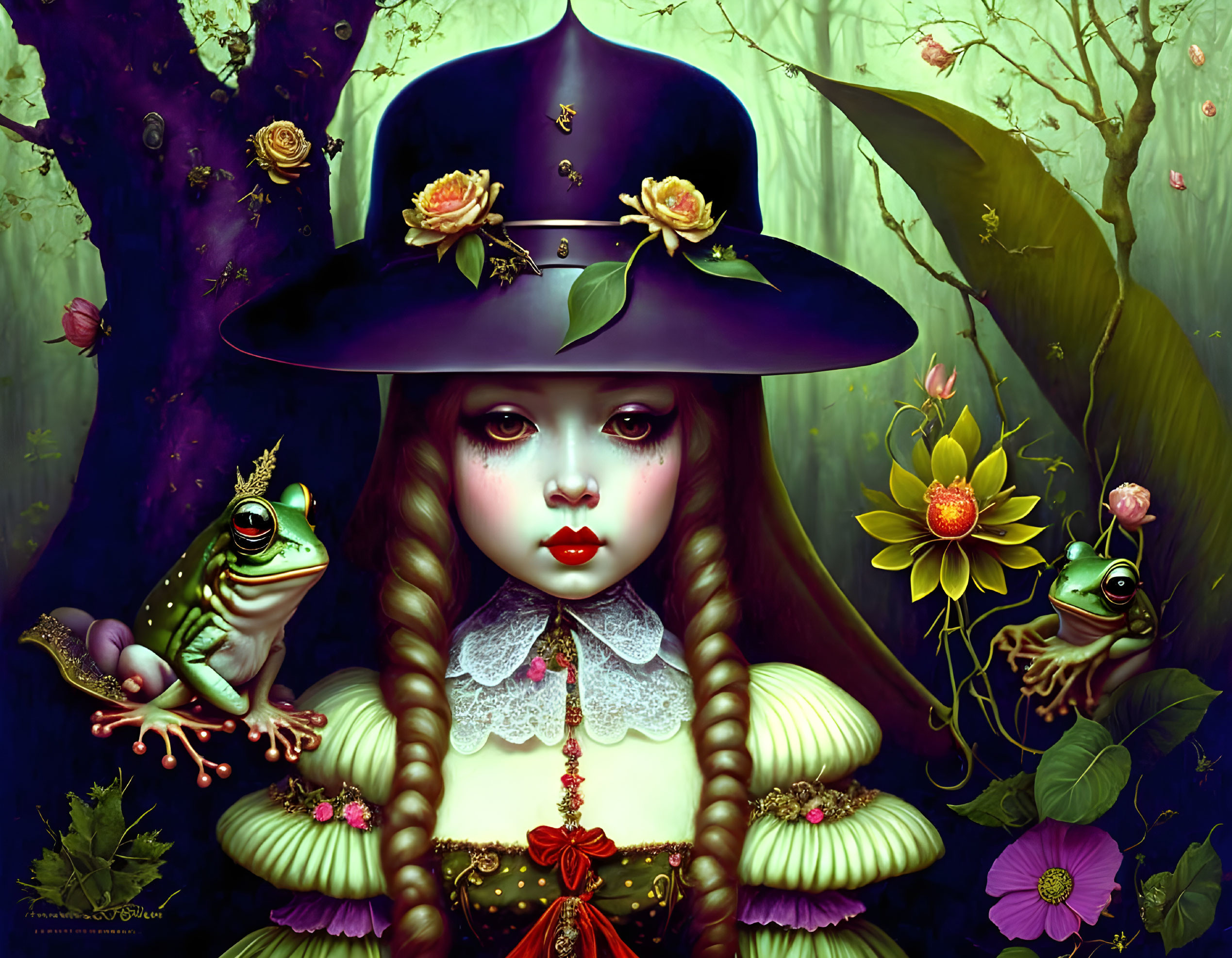 Illustration of girl with large eyes in vintage dress and hat with roses, surrounded by frogs and green