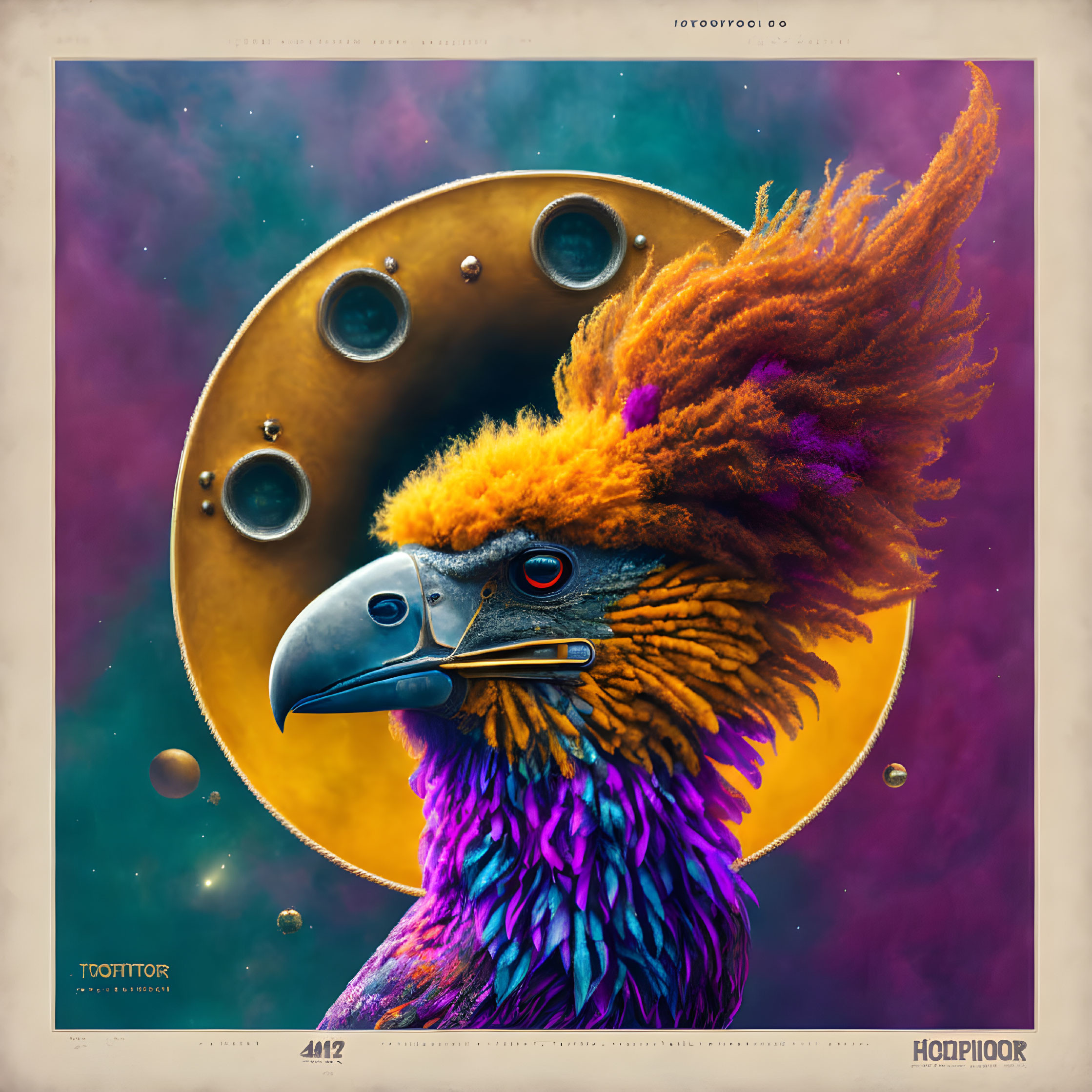 Vibrant stylized bird with cosmic backdrop.