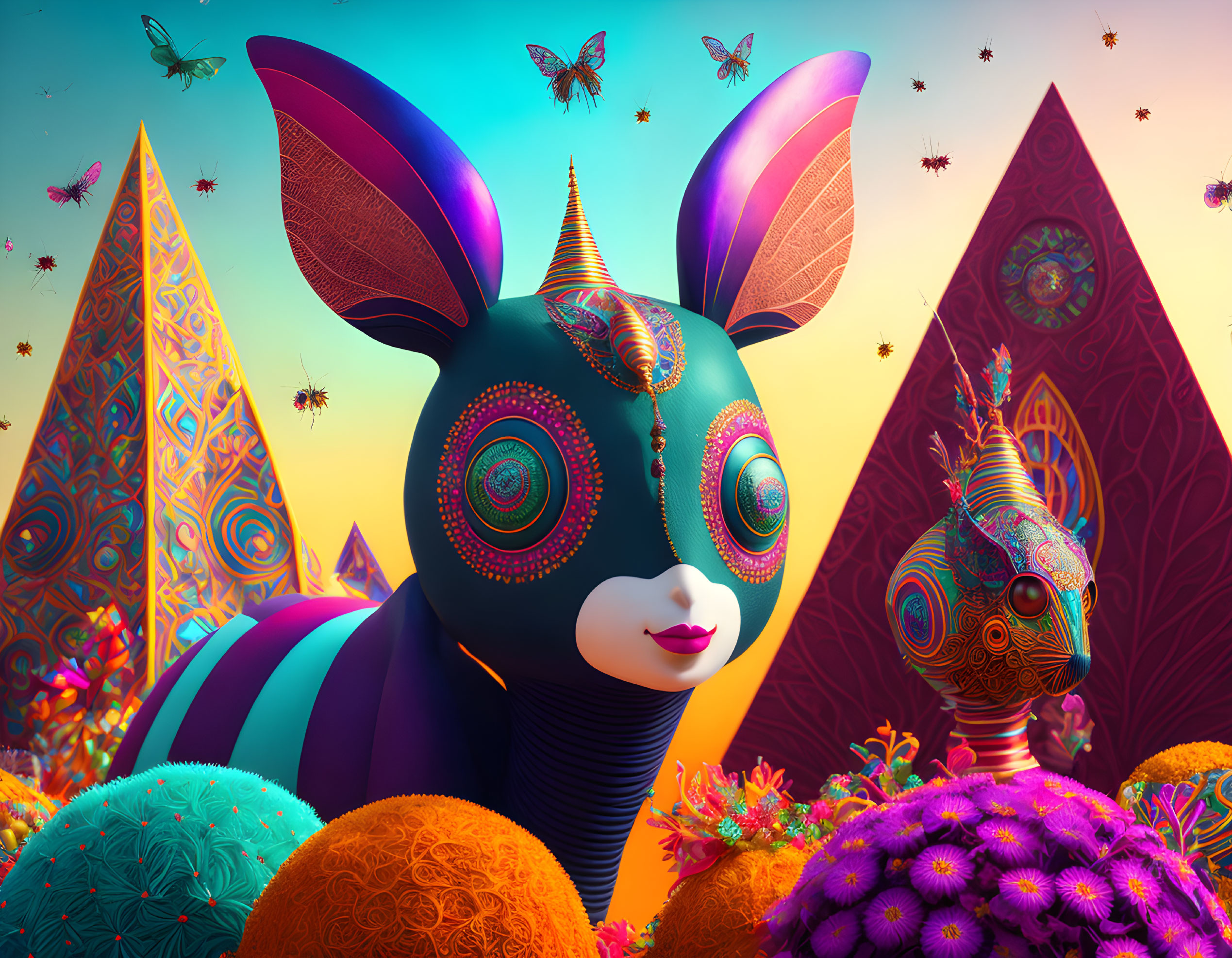 Colorful Surrealist Landscape with Striped Rabbit Creature and Whimsical Flora