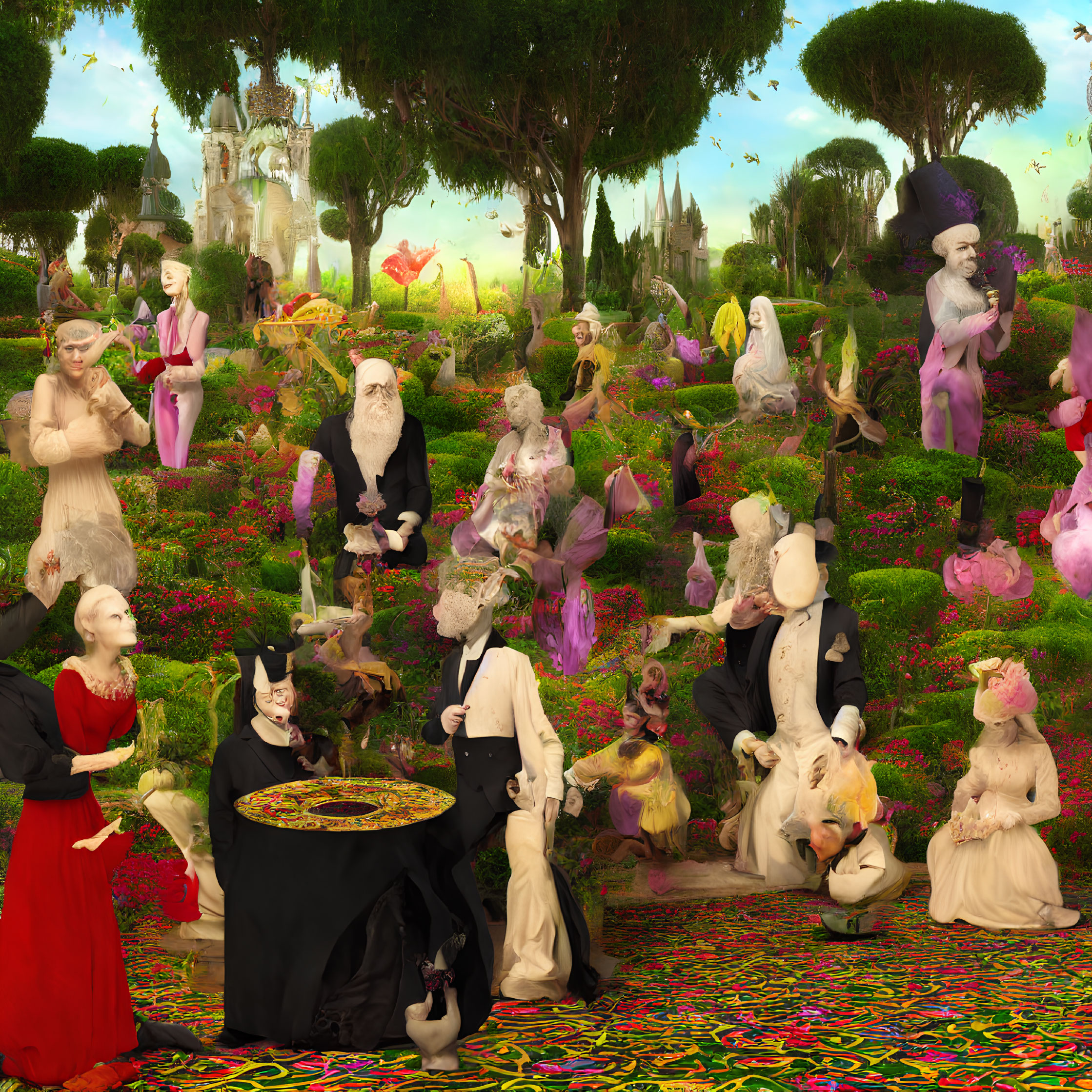 Colorful Garden Scene with Eclectic Characters and Surreal Elements