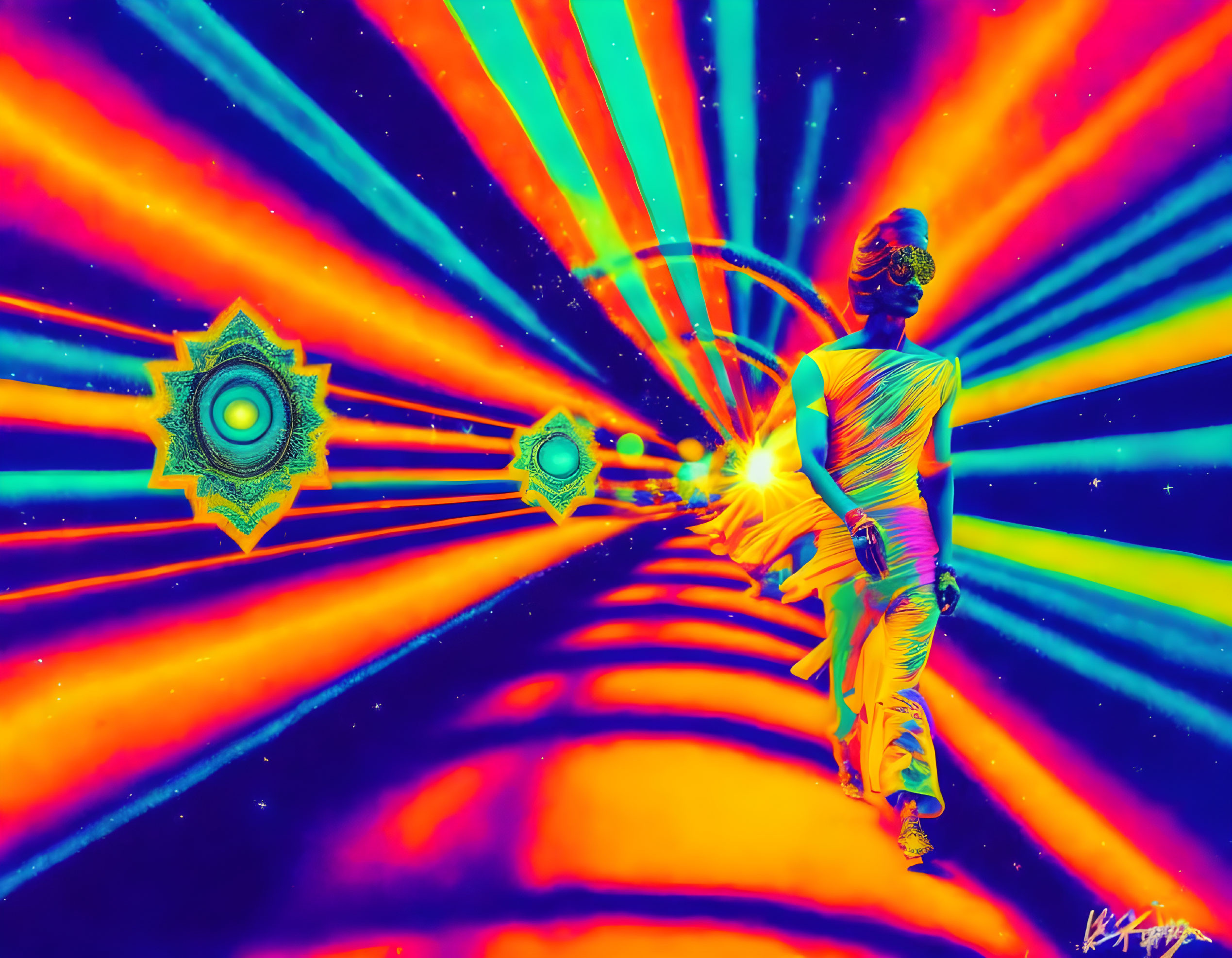 Vibrant psychedelic artwork with outstretched figure and glowing orb