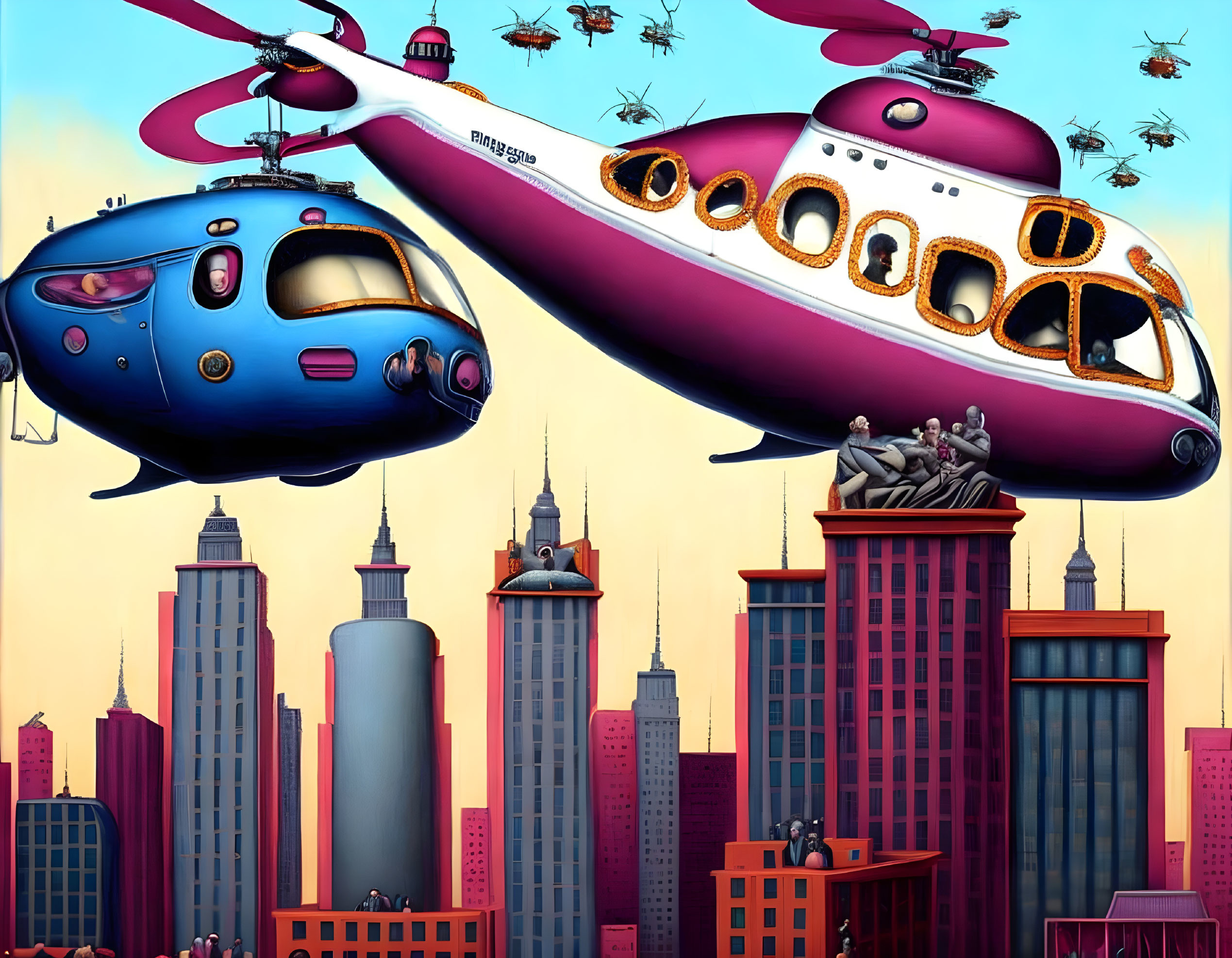 Helicopters over a city