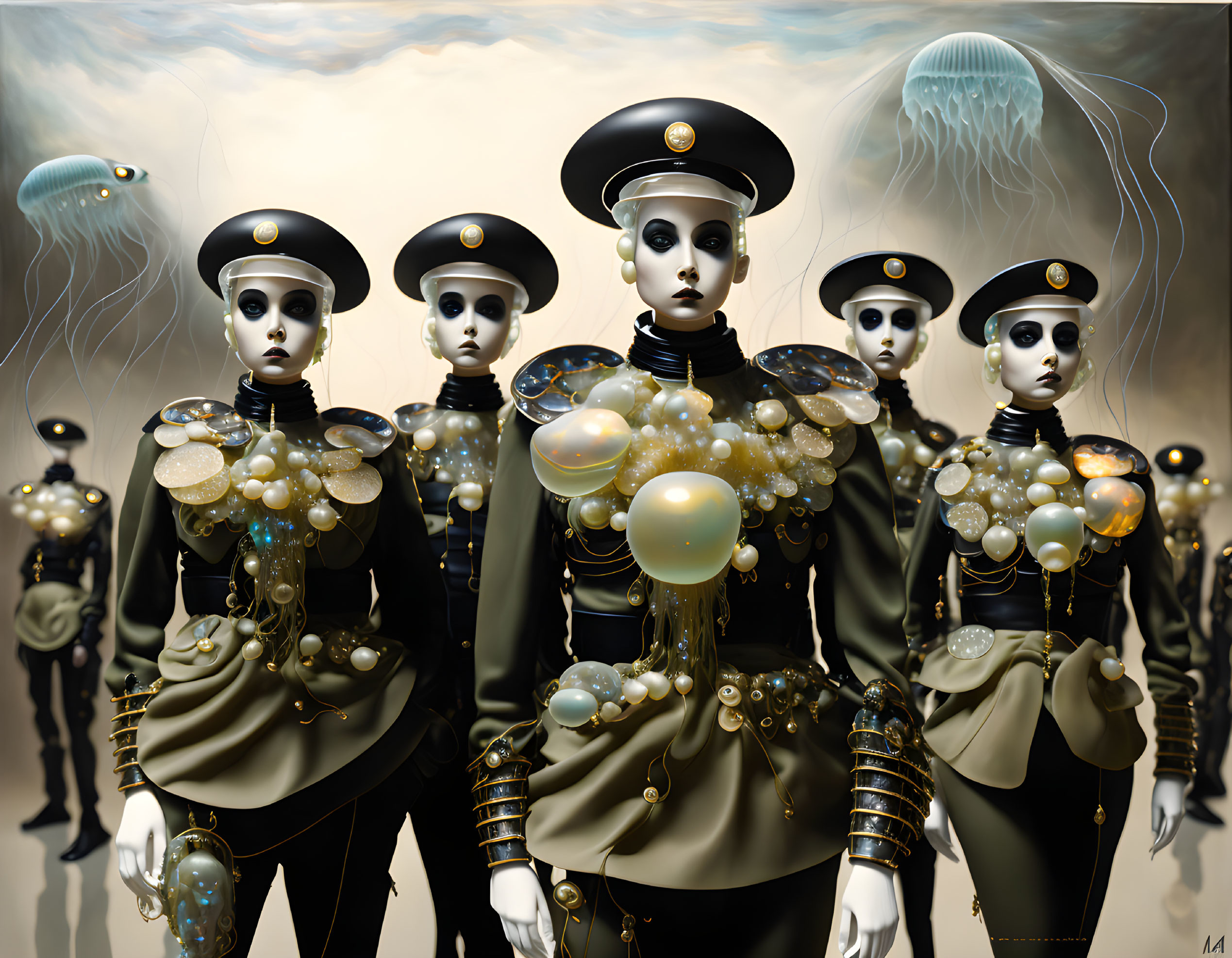 Surreal Artwork: Uniformed Figures, Large Eyes, Jellyfish-like Creatures, Clouded