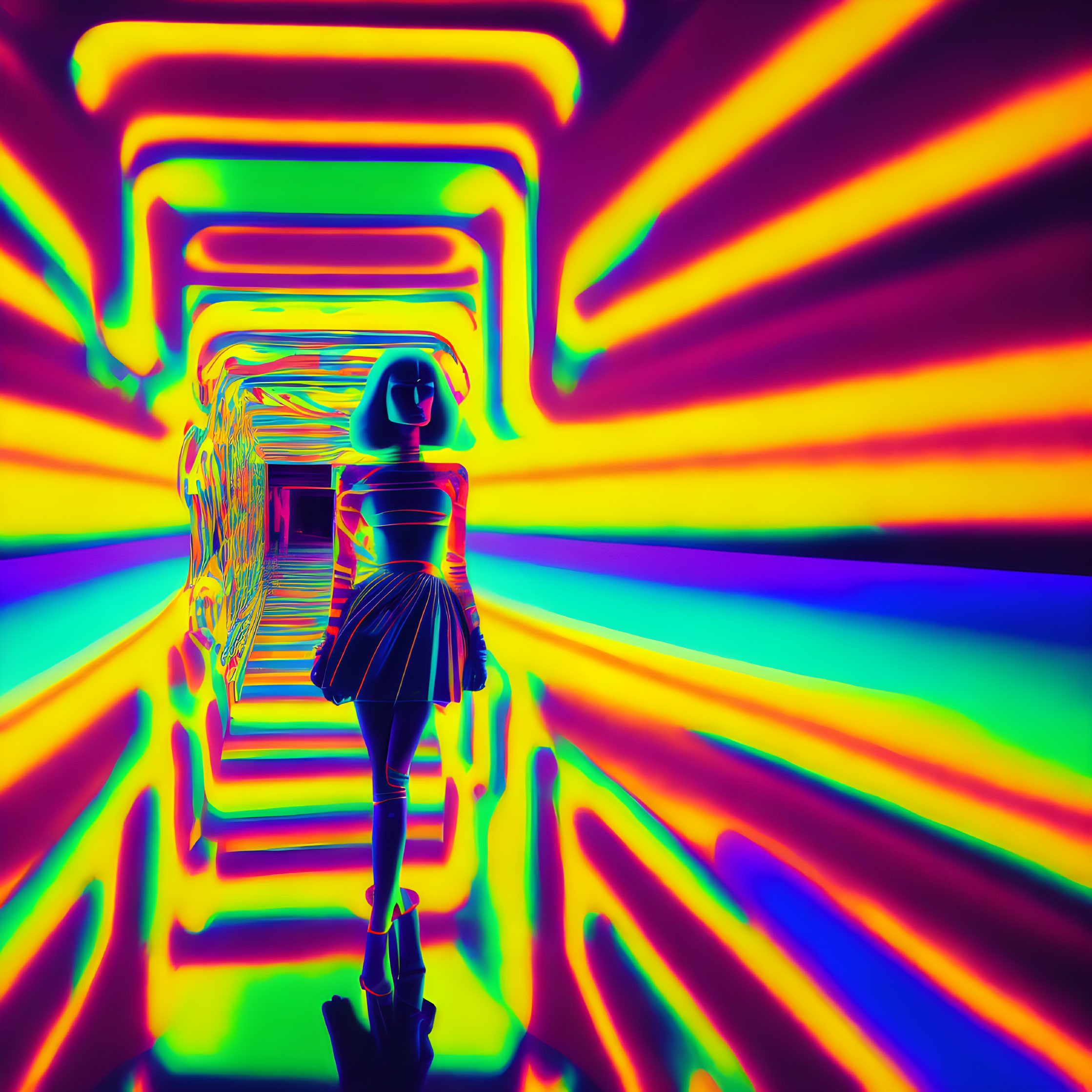 Vibrant neon color palette with person silhouette in abstract tunnel