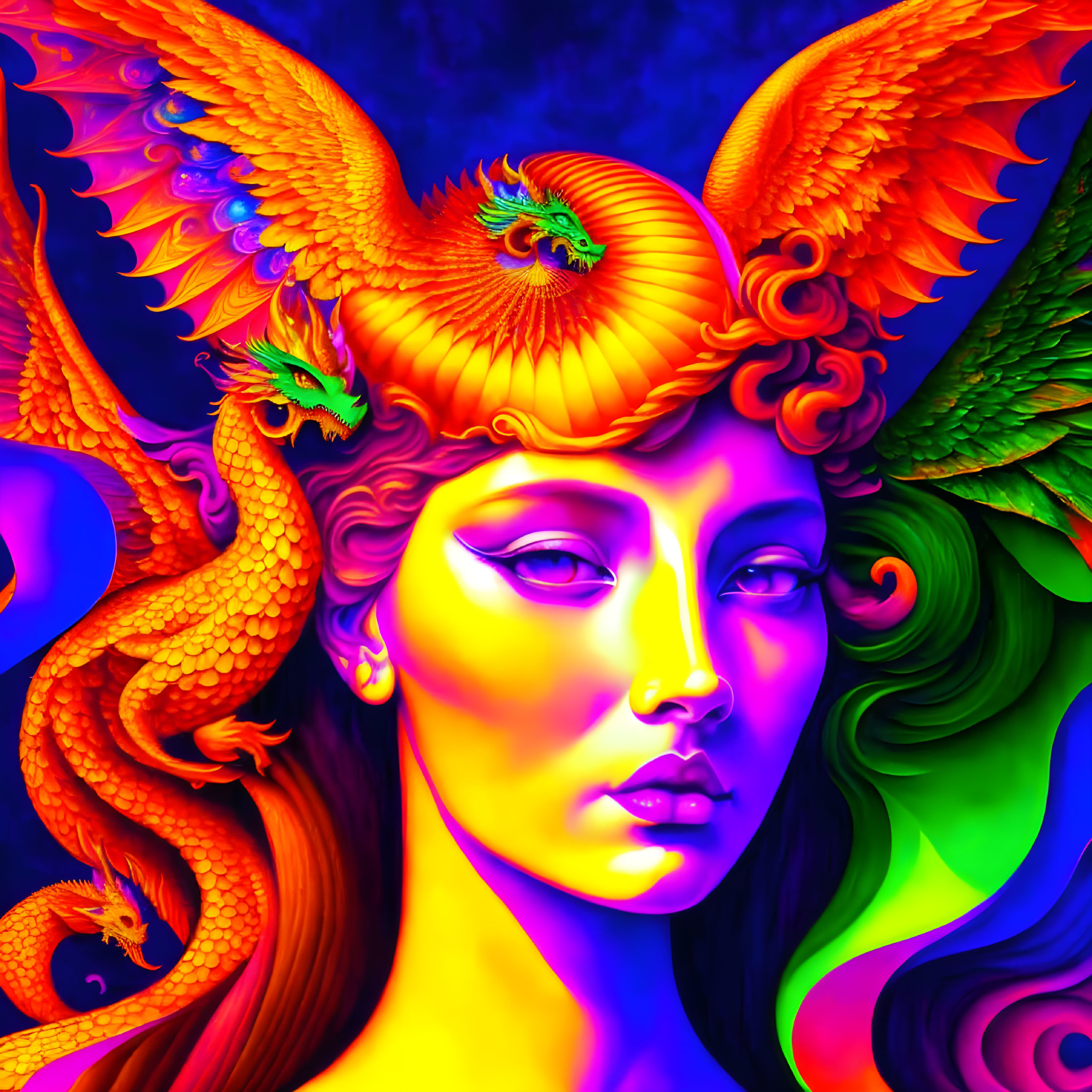 Colorful Woman with Dragon-Like Creatures on Psychedelic Blue Background